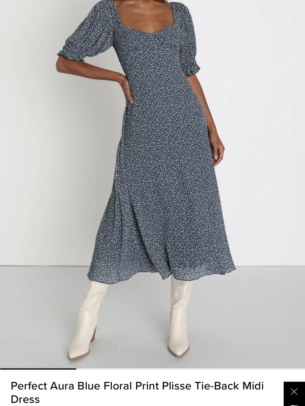 Perfect Aura Blue Floral Print Plisse Tie-Back Midi Dress MED